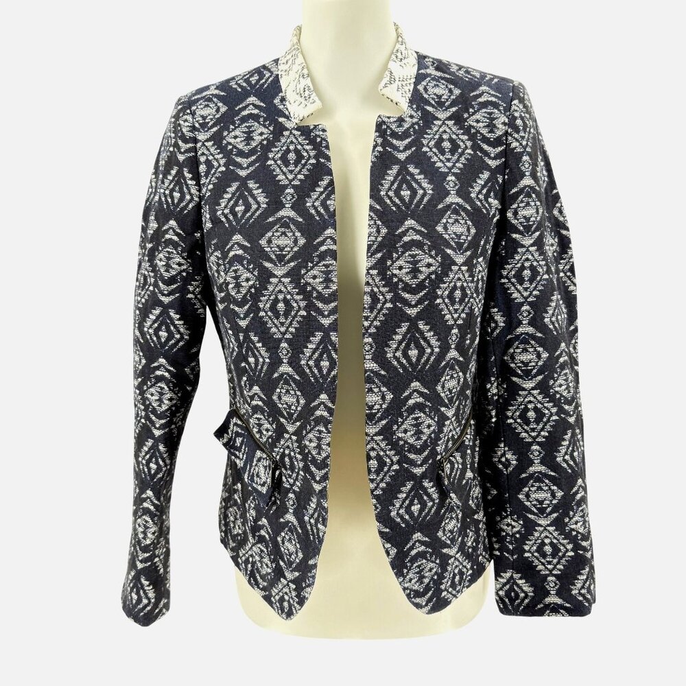 Helene London Medium Womens Jacket Open Front Geometric Pattern Navy/Off-White C